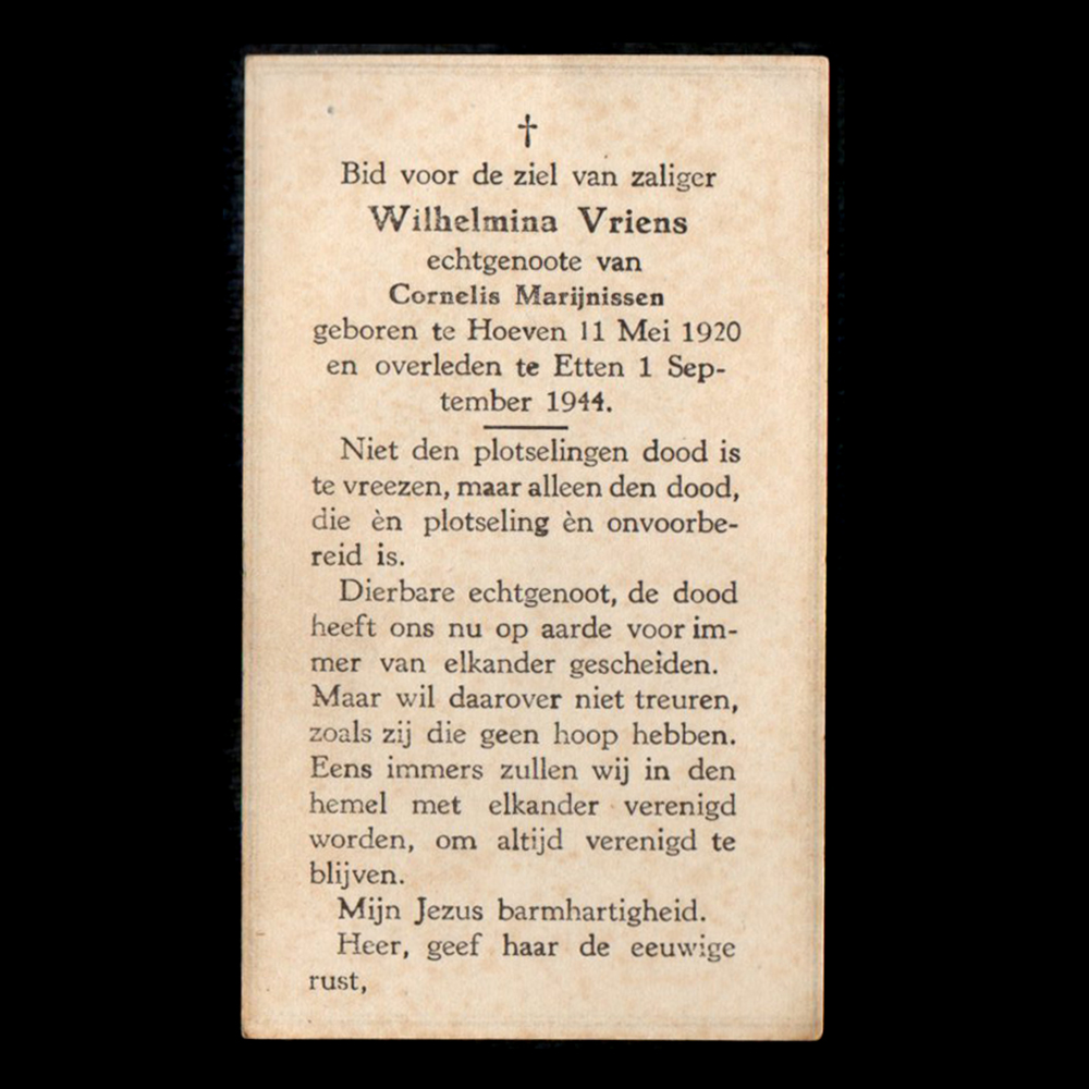 Bidprentje Wilhelmina Vriens 1 September 1944