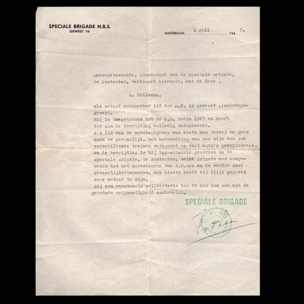 Getuigenschrift Speciale Brigade N.B.S. Gewest 10 Verzetsman Hendrik Holleman 