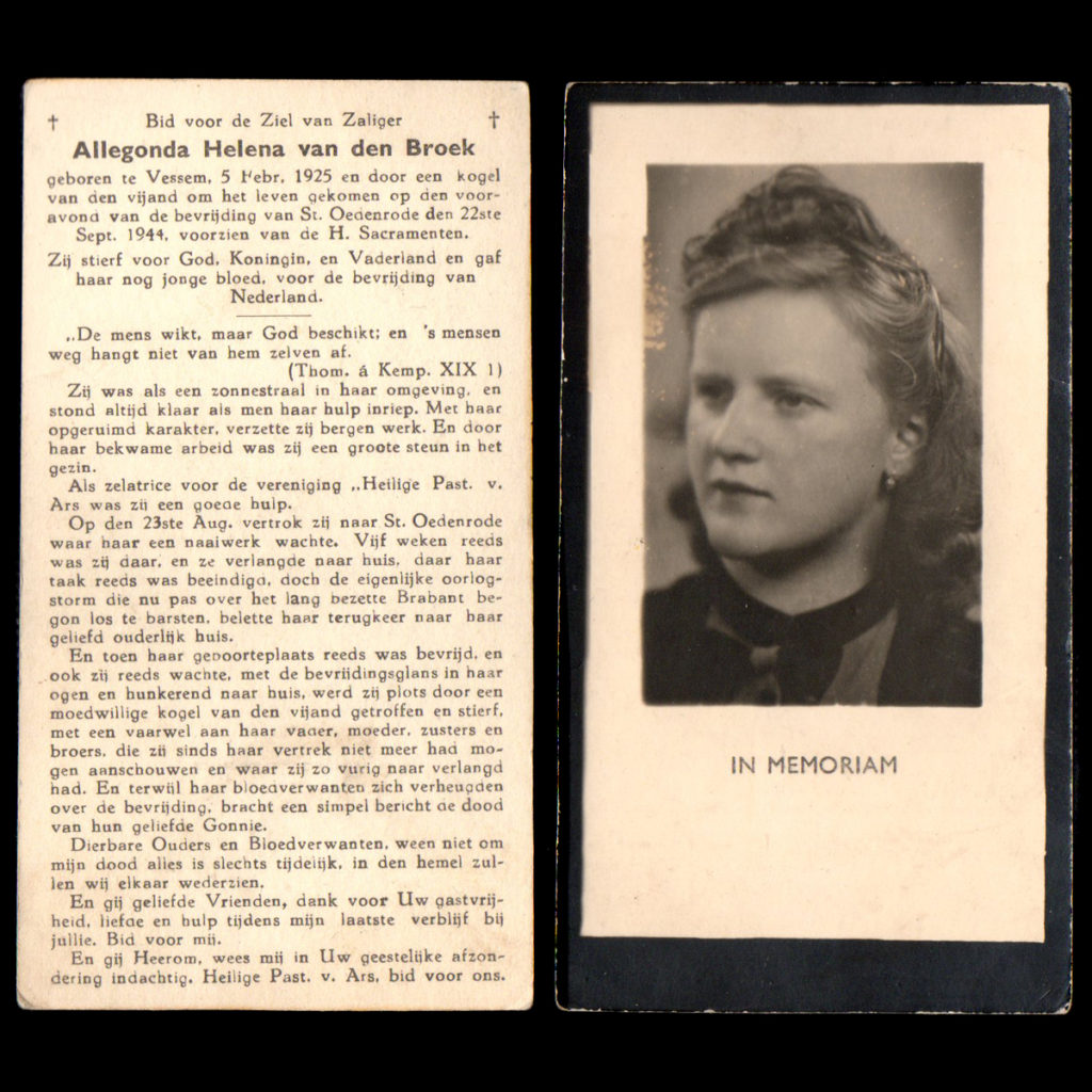 Bidprentje Allegonda Helena van den Broek 22 September 1944 St. Oedenrode