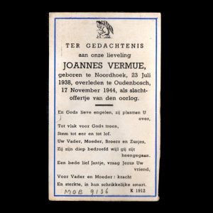 Bidprentje Joannes Vermue 17 November 1944