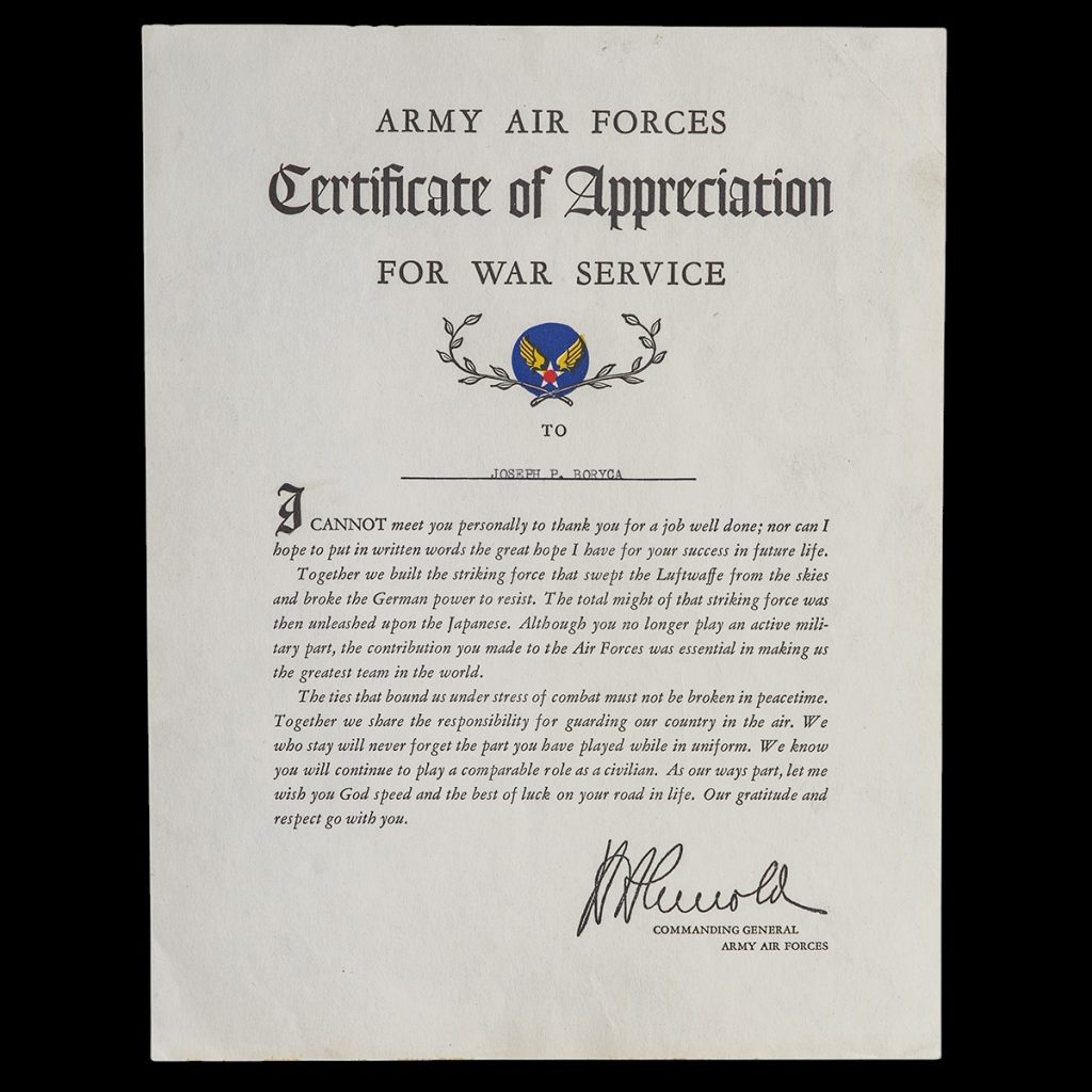 Army Air Forces Certificate of Appreciation For War Service to Joseph P. Boryca