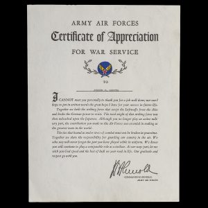 Army Air Forces Certificate of Appreciation For War Service to Joseph P. Boryca