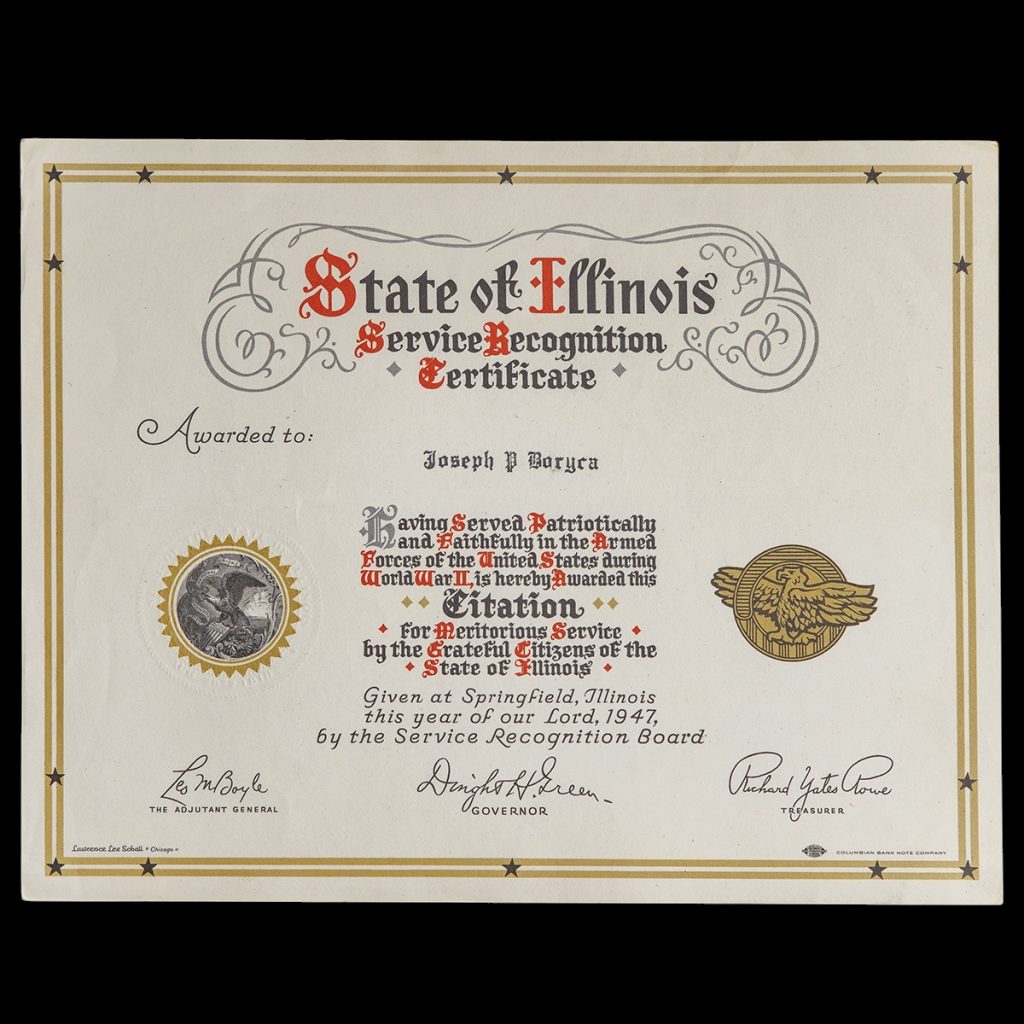 State of Illinois Service Recognition Certificate to Joseph P. Boryca