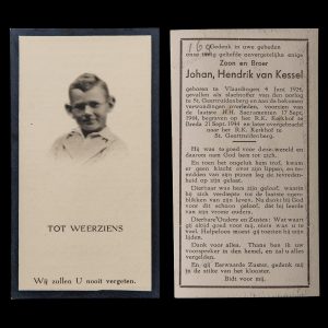 Bidprentje Johan Hendrik van Kessel (Vlaardingen 4 juni 1924 – Geertruidenberg 17 september 1944)