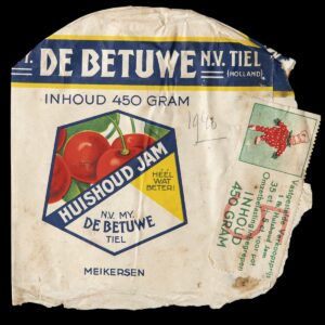 (Voor)oorlogse verpakking Huishoud Jam ‘De Betuwe N.V. Tiel’
