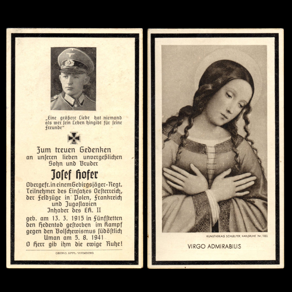 Sterbebilde Josef Hofer 5. August 1941