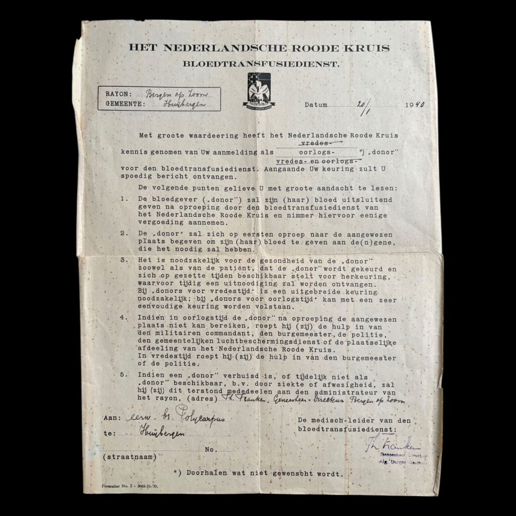 Document Het Nederlandsche Roode Kruis Bloedtransfusiedienst 1940
