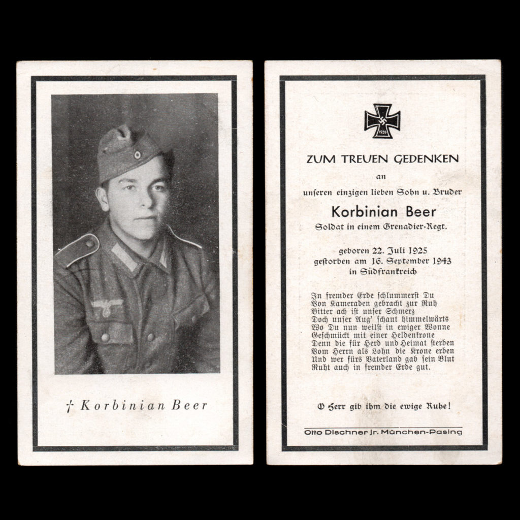 Sterbebilde Korbinian Beer 16. September 1943