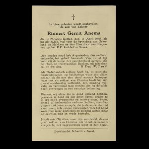 Bidprentje Rinnert Gerrit Anema lid der N.B.S.