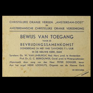 Bewijs van Toegang voor de Bevrijdingssamenkomst Donderdag 24 mei 1945