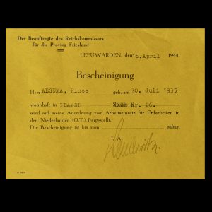 Bescheinigung 1944 Leeuwarden