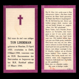 Bidprentje Ton Lindeman 8 Maart 1944