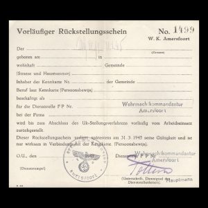Vorläufiger Rückstellungsschein Wehrmachtkommandantur Amersfoort